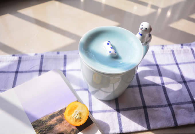 Porcelain Coffee Mug with Dog On Handle