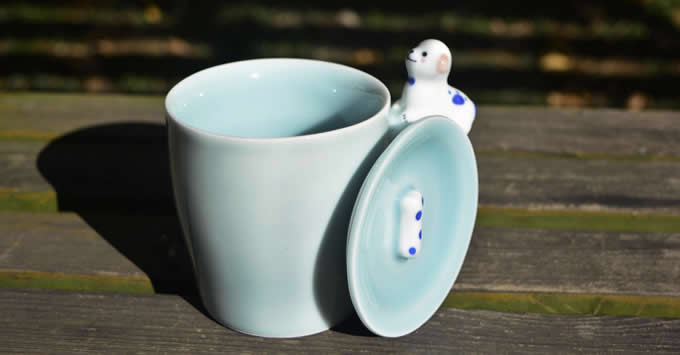 Porcelain Coffee Mug with Dog On Handle