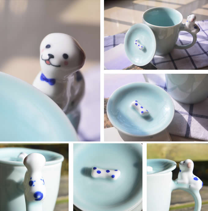 Porcelain Coffee Mug with Dog On Handle