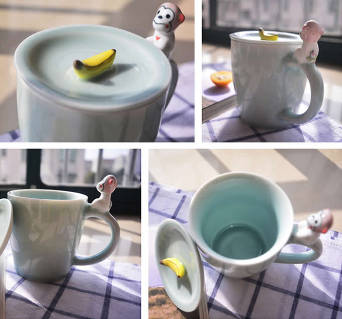 Porcelain Coffee Mug with Monkey On Handle
