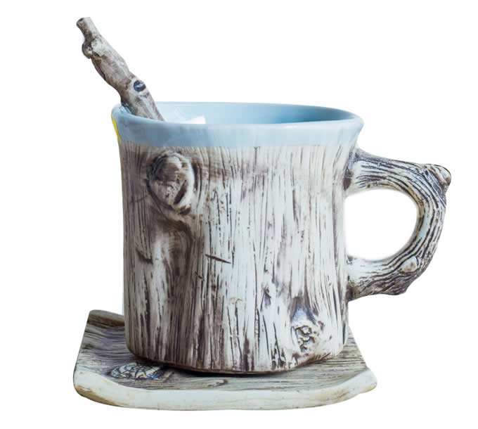 Tree Bark Ceramic Coffee Mug With Saucer