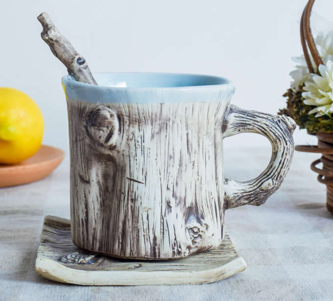 Tree Bark Ceramic Coffee Mug With Saucer