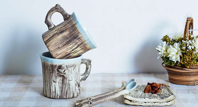 Tree Bark Ceramic Coffee Mug With Saucer