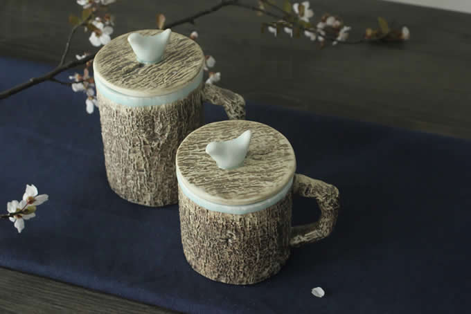  Tree Bark Ceramic Coffee Mug with Bird On Lid 