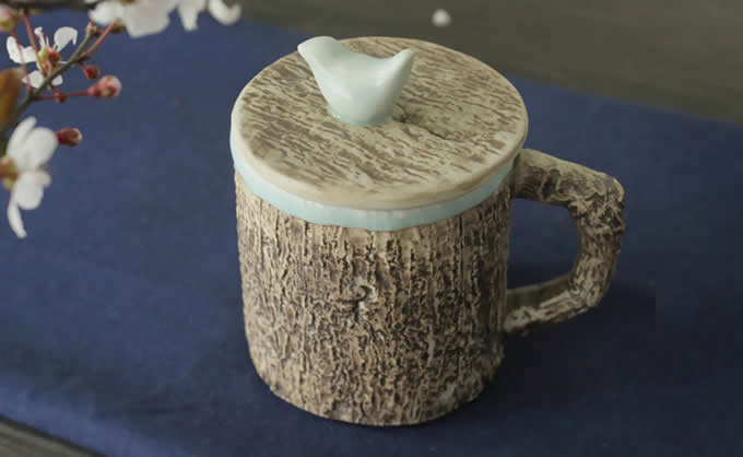  Tree Bark Ceramic Coffee Mug with Bird On Lid 