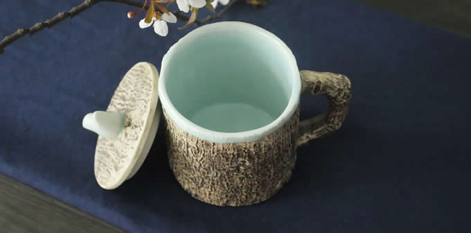  Tree Bark Ceramic Coffee Mug with Bird On Lid 