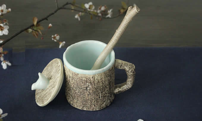  Tree Bark Ceramic Coffee Mug with Bird On Lid 