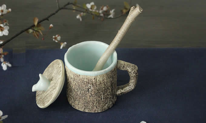  Tree Bark Ceramic Coffee Mug with Bird On Lid 