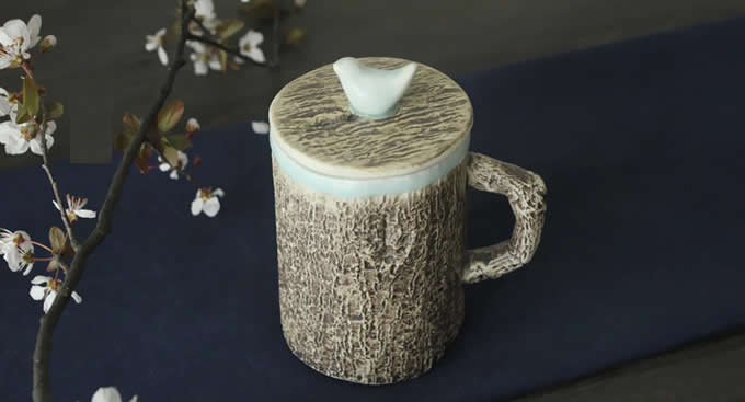  Tree Bark Ceramic Coffee Mug with Bird On Lid 