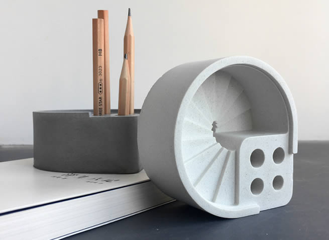 Industrial Style Concrete Office Pen Holder With Stairs