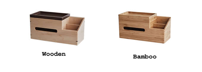 3 Compartment Bamboo Wood Organizer Caddy Tissue Holder, Remote Control  