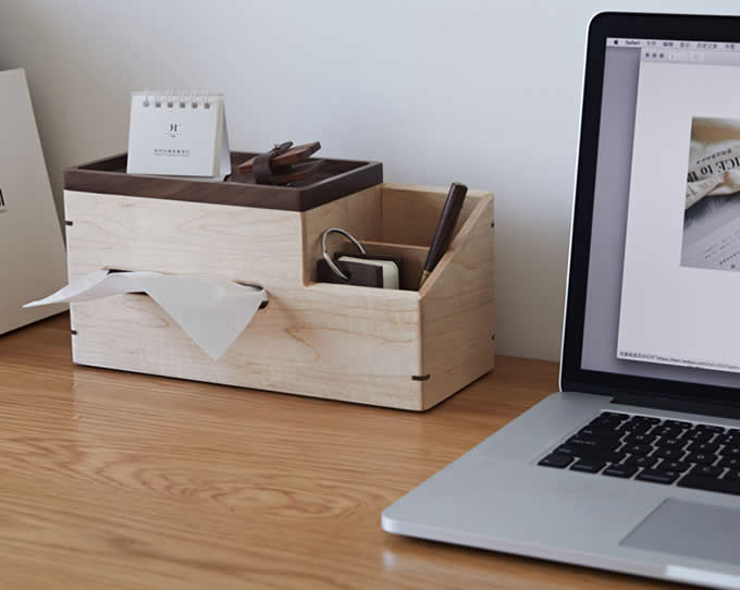 3 Compartment Bamboo Wood Organizer Caddy Tissue Holder, Remote Control  