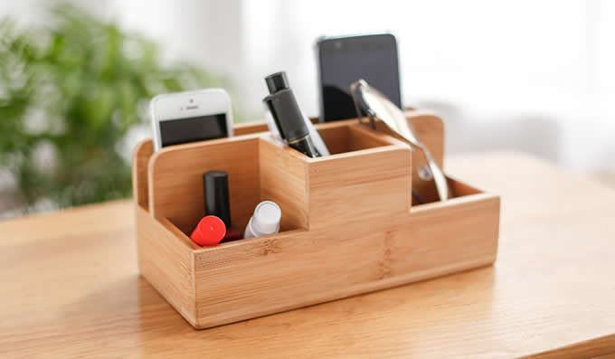 Wooden Desktop Storage Organizer/Remote Control Caddy Holder Wood Box Container for Desk, Office Supplies