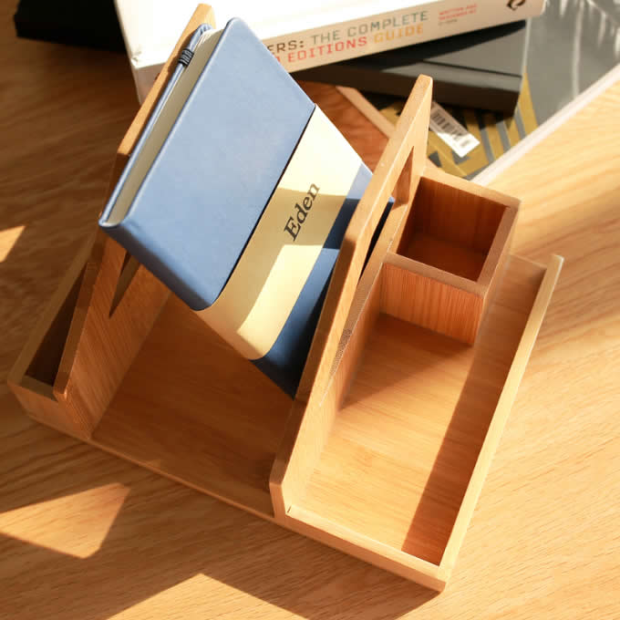 Bamboo Wood Desk Organizer Desktop Bookshelf Pen Holder Accessories