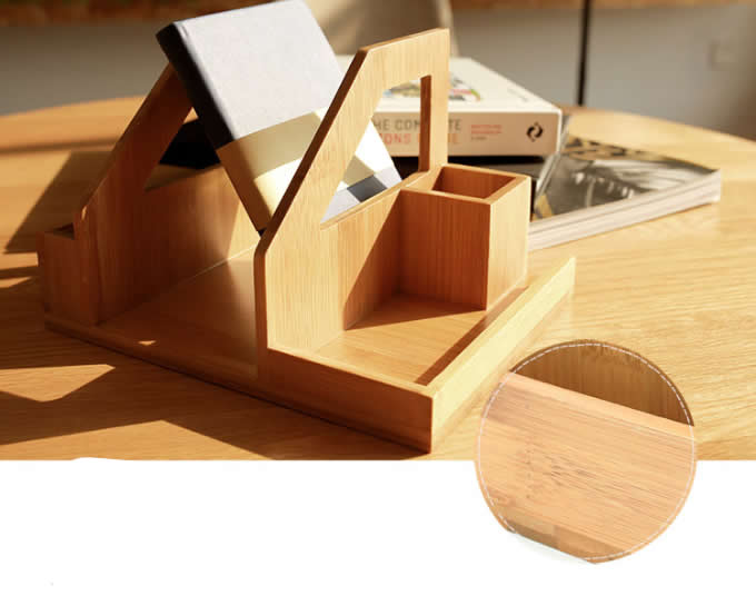 Bamboo Wood Desk Organizer Desktop Bookshelf Pen Holde Accessories Storage Caddy 