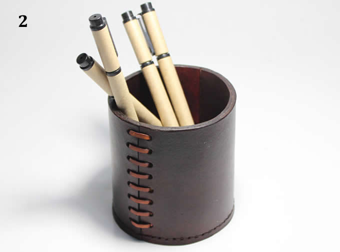 Handmade  Genuine Leather  Round Pens Pencils Holder Desk Organizer Office Desk Accessories Container Box  