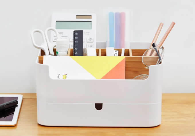  Plastic & Bamboo  Office Wooden Desk Organizer  Desktop Makeup Organizer With 1 Drawer  