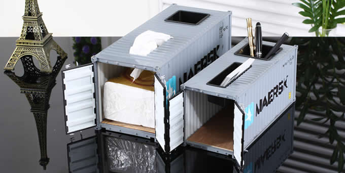 Creative Shipping Container Model Desk Office Supplies Organizer,Tissue Box