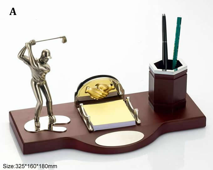   Wooden Desk Organizer Pen Pencil Holder With Golf Men Figurine Sculptures