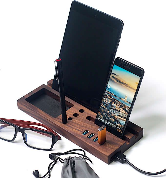  Wooden Desktop Organizer Computer Desk Accessories With 3 Port USB Hub