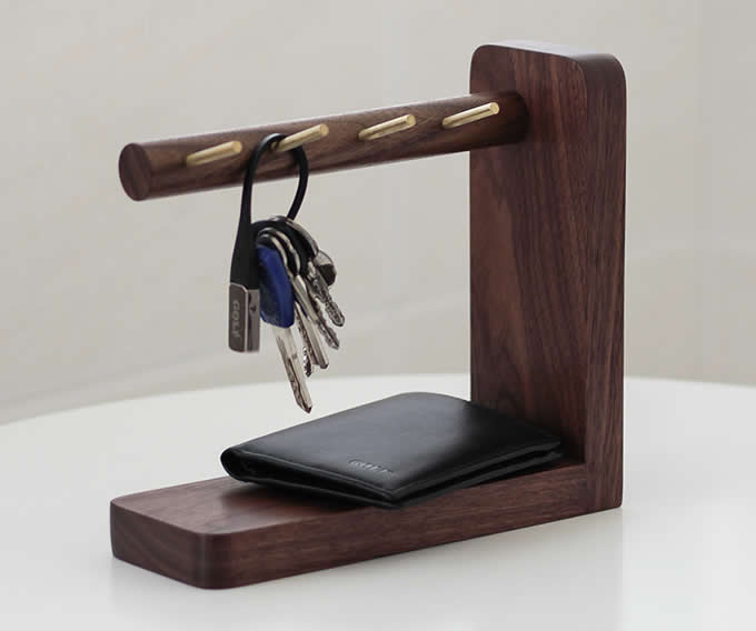  Wooden & Brass  Key Rack Holder  Phone Essentials Shelf  