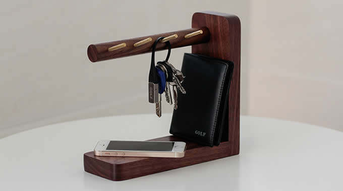  Wooden & Brass  Key Rack Holder  Phone Essentials Shelf  