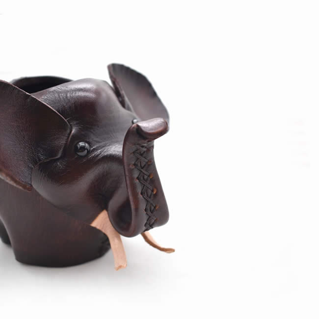 Cute Handmade Small Elephant Cowhide Leather Pen Holder