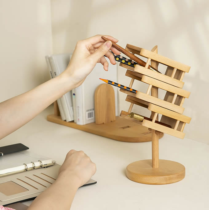 Office Multi-layer Hollow Wood Organize Storage Pen Holders