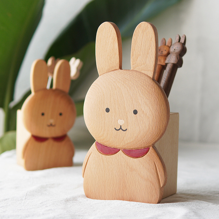 Office Wooden Rabbit Organizer Pen Holder