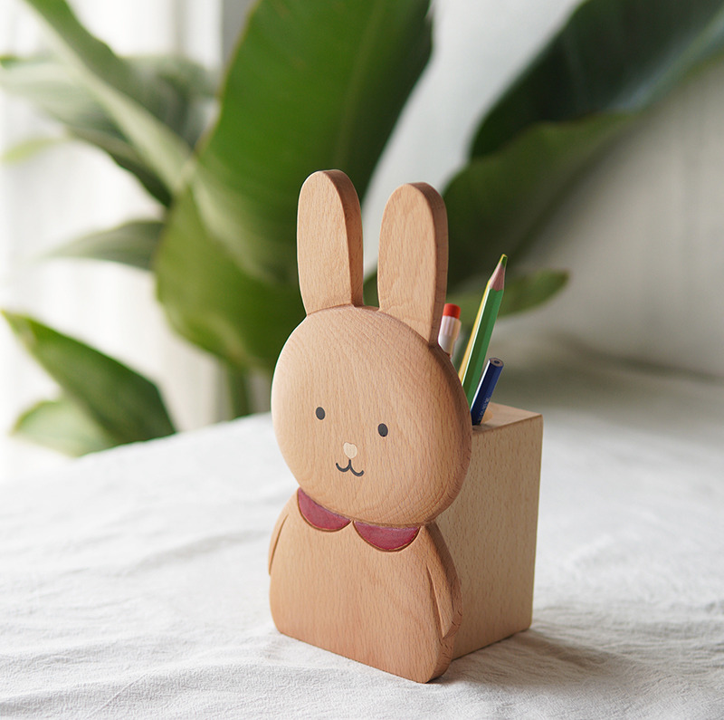 Office Wooden Rabbit Organizer Pen Holder