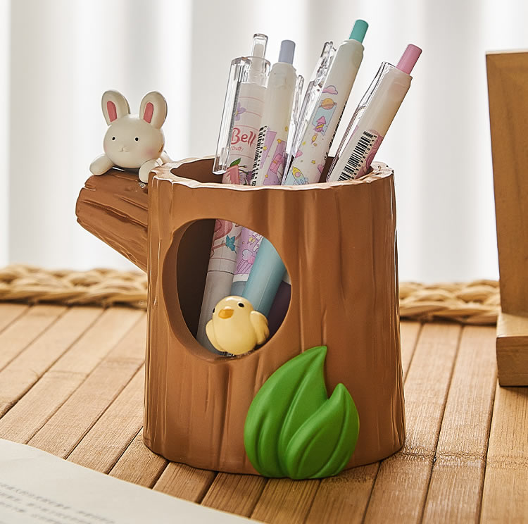 Rabbit Bird Tree Stump Pen Holder