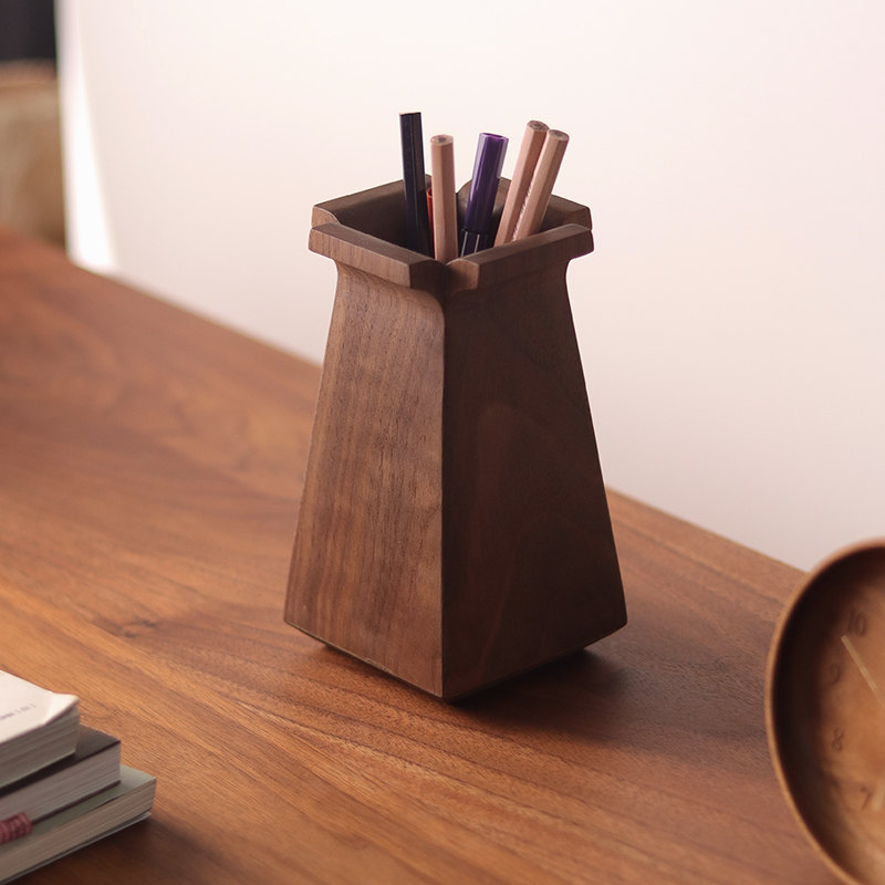 Square Black Walnut Wooden Pen Holder Pencil Storage