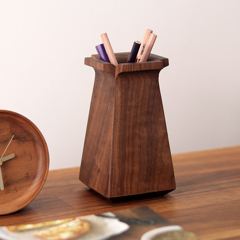 Square Black Walnut Wooden Pen Holder Pencil  Storage