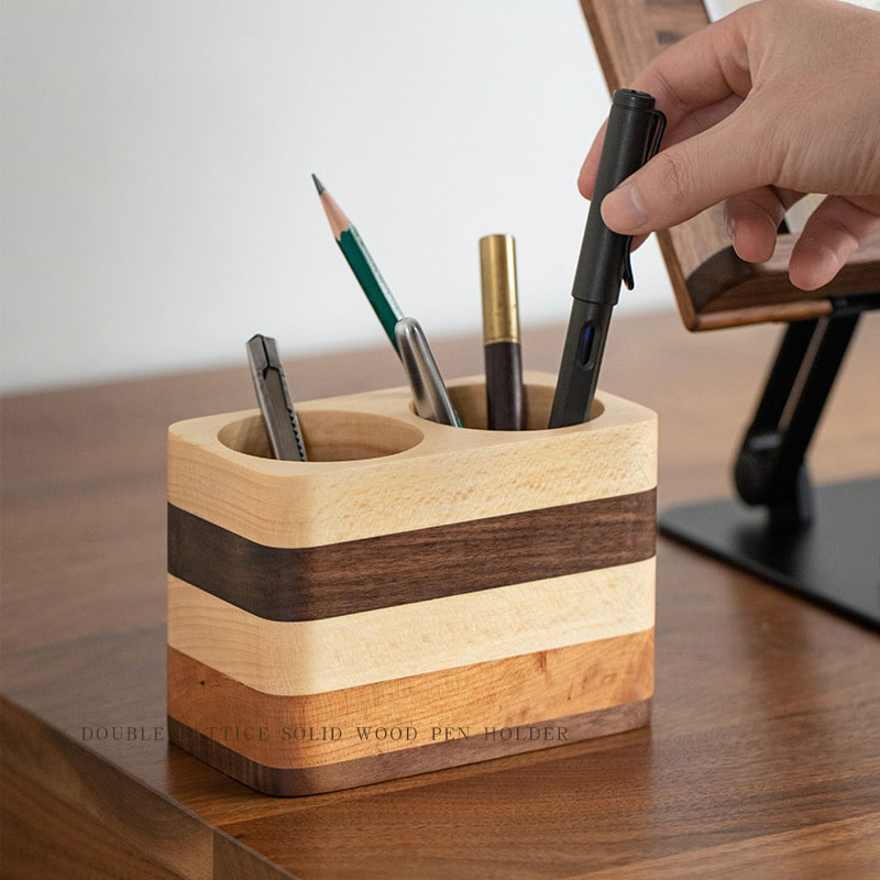 Three Colors Wooden Double-Hole Pen Holder