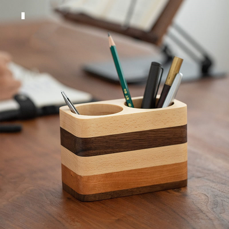 Three Colors Wooden Double-Hole Pen Holder