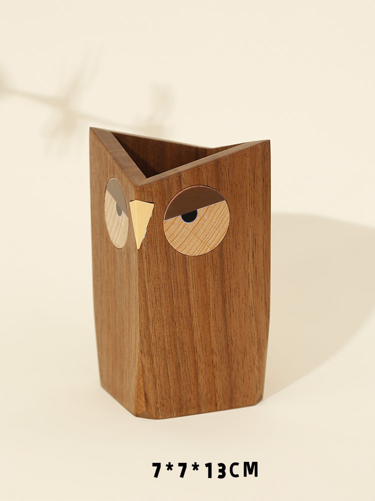 Black Walnut Geometric Owl Office Wood Pen Holder