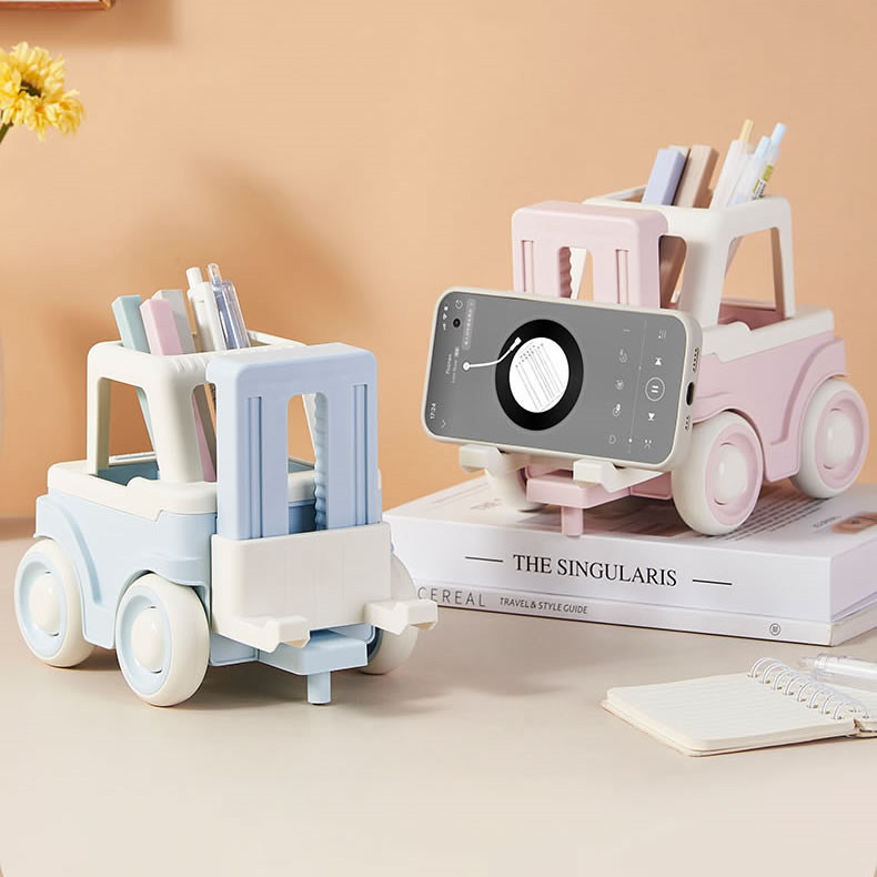 Cute Mini Forklift Office Study Pen Holder,With Phone Stand