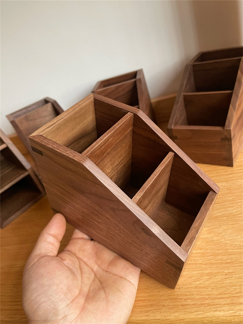 Desktop Pen Holder, 3 Grid Storage Boxes, Black Walnut Wood