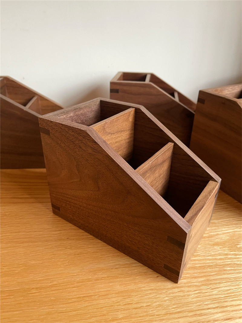 Desktop Pen Holder, 3 Grid Storage Boxes, Black Walnut Wood