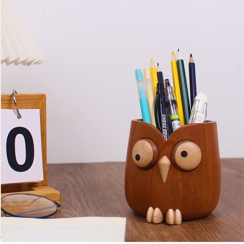 Wooden Big-Eyed Owl Pen Holder, Desk Storage