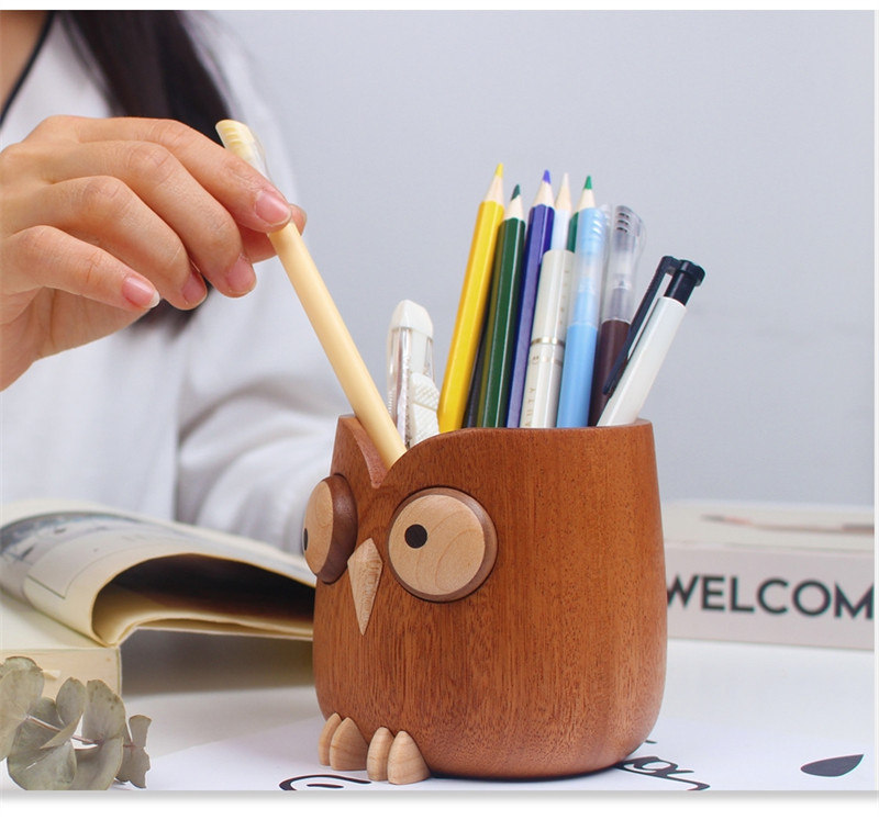 Wooden Big-Eyed Owl Pen Holder, Desk Storage