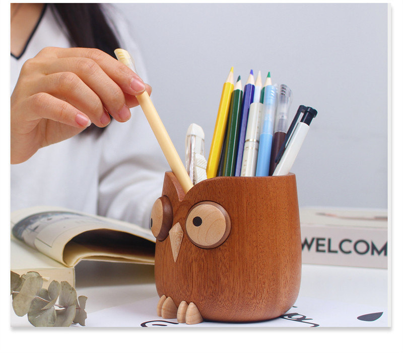 Wooden Big-Eyed Owl Pen Holder, Desk Storage