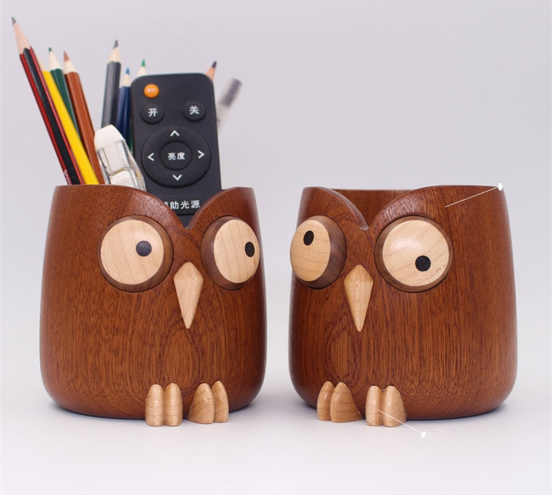 Wooden Big-Eyed Owl Pen Holder, Desk Storage