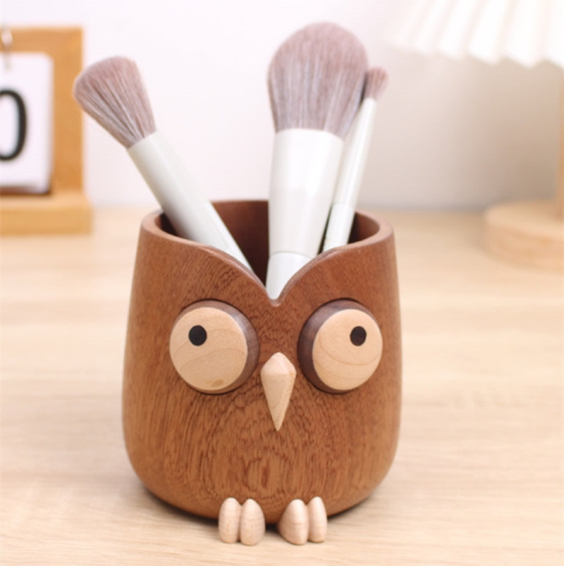 Wooden Big-Eyed Owl Pen Holder, Desk Storage