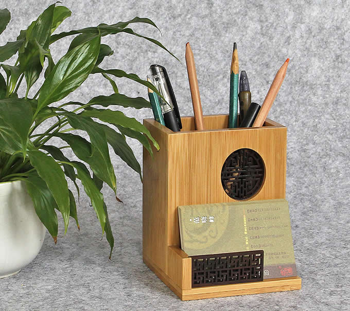  Bamboo Desktop Office Supplies Organizer Pencil Pens Business Card Holder  