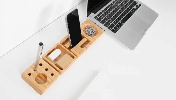  Bamboo Smart Phone Dock Stand Desk Organizer Office Accessories Set – 4 Piece Set  