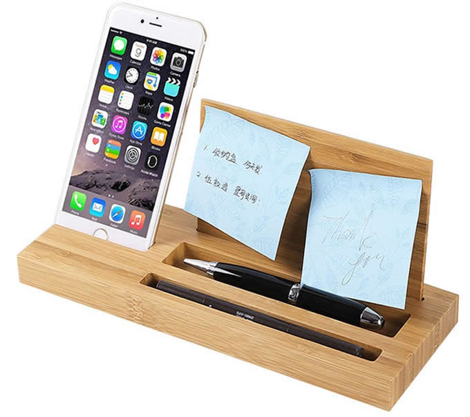  Bamboo Wood Office Desk Organizer Mobile Phone Stand 