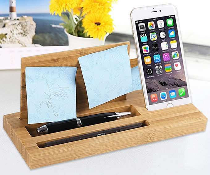  Bamboo Wood Office Desk Organizer Mobile Phone Stand 