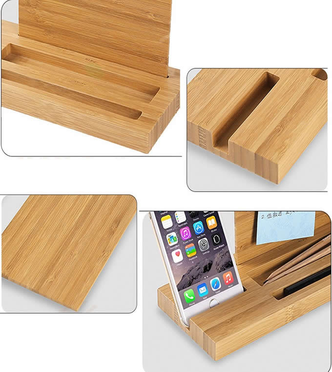  Bamboo Wood Office Desk Organizer Mobile Phone Stand 