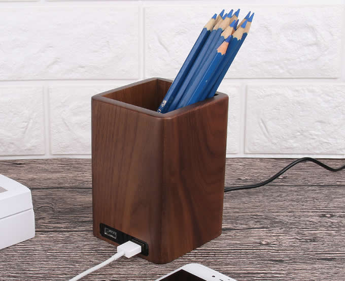  Black Walnut Wooden Pen Holder with 2 USB Charging Port 